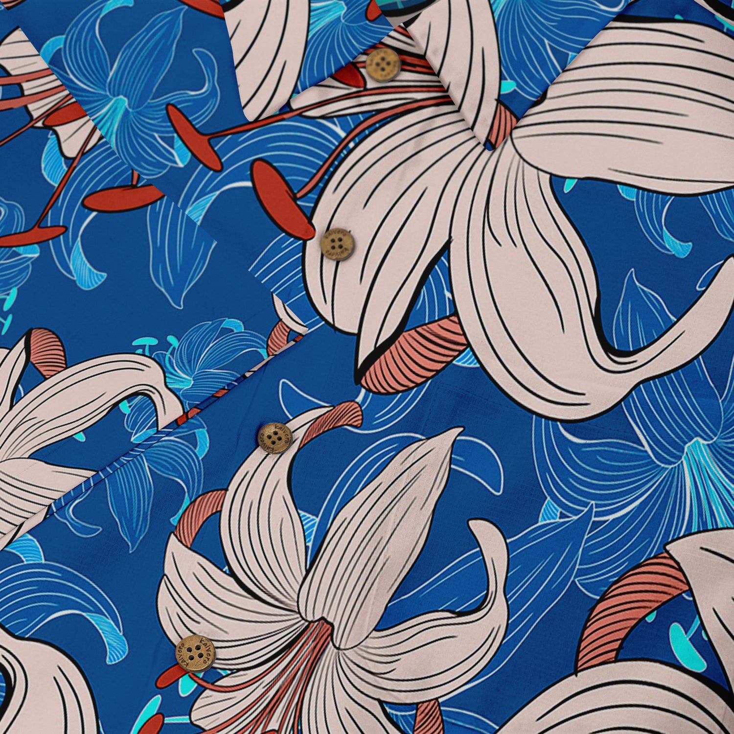 Close-up view of a Hawaiian shirt fabric showcasing a bold pattern of large beige lilies with red-orange stamen, set against a bright blue background with additional blue abstract floral accents. The shirt features wooden buttons.