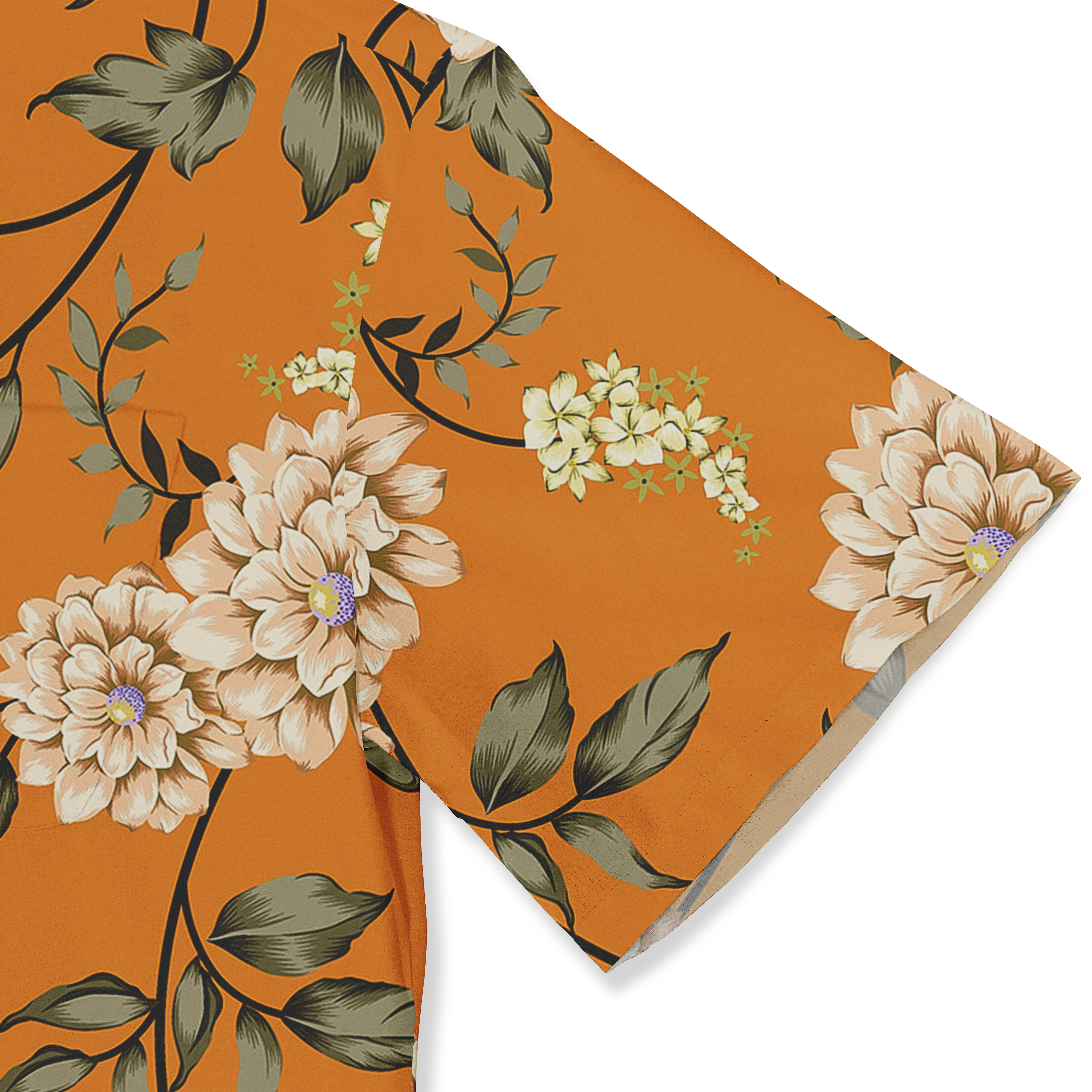 Close-up of a shirt sleeve with a floral pattern, featuring large beige and white flowers with green leaves on an orange background. The design shows delicate flower clusters and vines, adding an elegant touch.