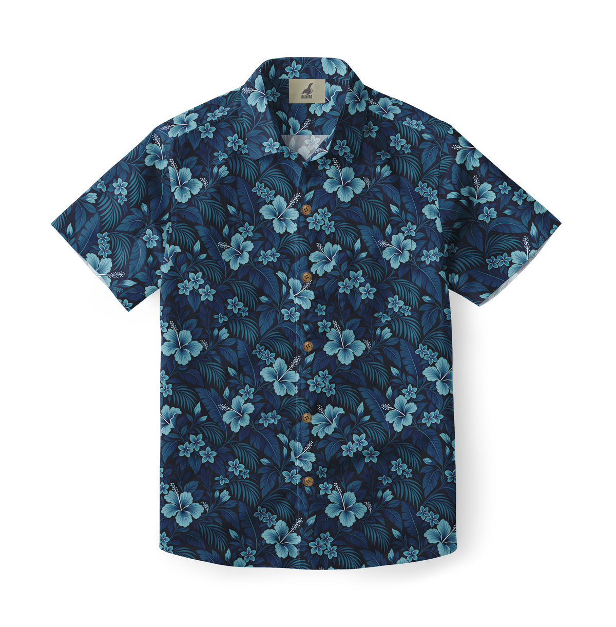 Midnight Azure Blossom Hawaiian Shirt with blue flowers and layered tropical leaves on navy, front view