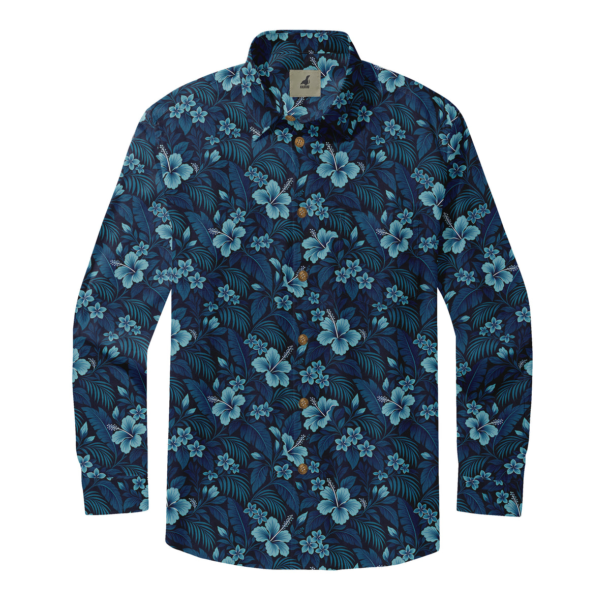 Midnight Azure Blossom Long Sleeve Shirt with blue flowers and layered tropical leaves on navy, front view