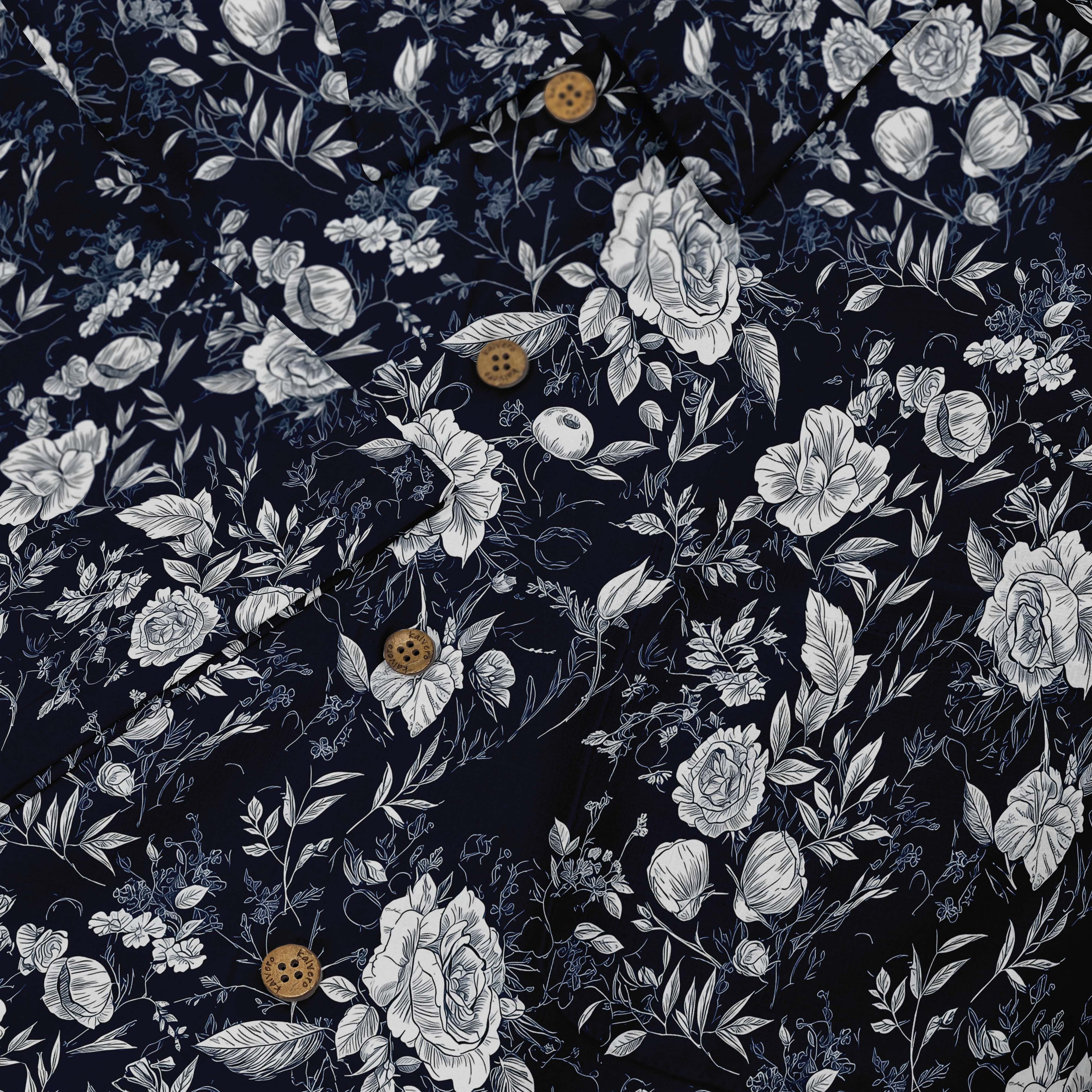 Midnight blue shirt with white roses, evoking a serene garden at night close-up