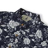 Midnight blue shirt with white roses, evoking a serene garden at night front view