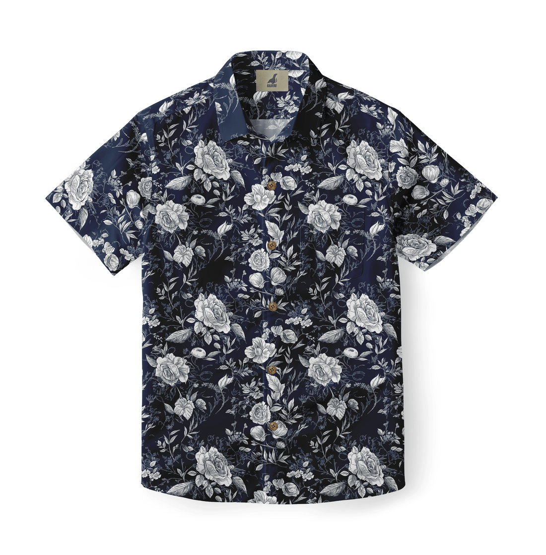 Midnight blue shirt with white roses, evoking a serene garden at night.