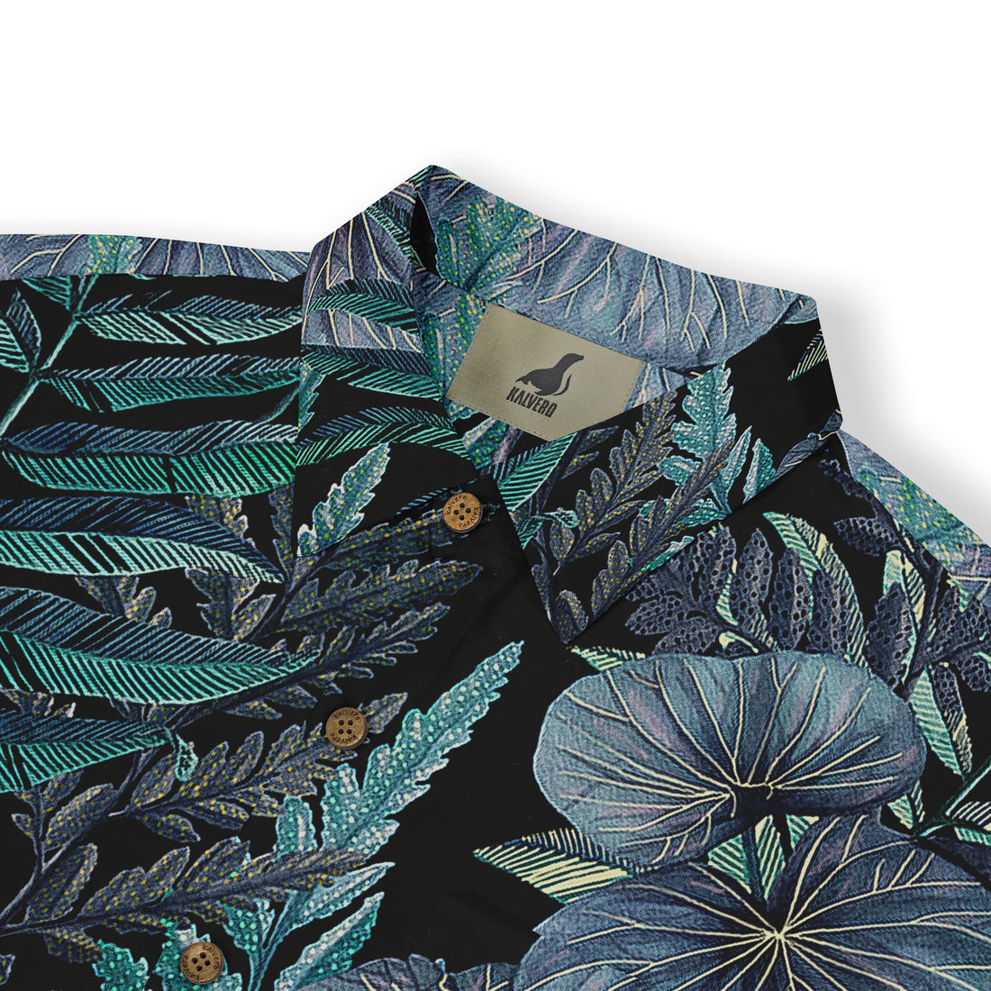 Black shirt with blue-green leaf pattern and brand tag.