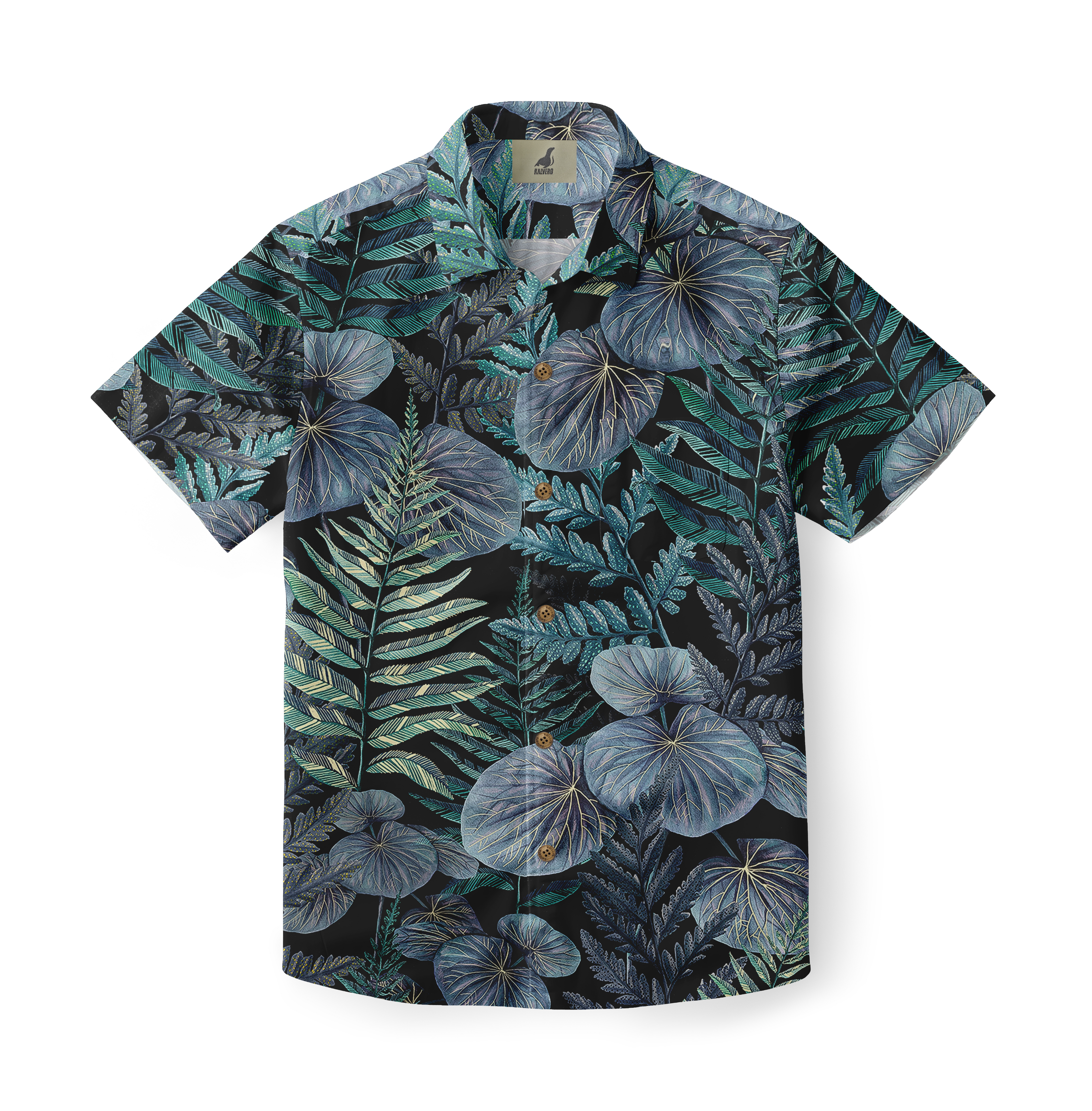 A Hawaiian shirt with a lush pattern of tropical leaves in shades of blue and green on a dark background, creating a vibrant and natural look.