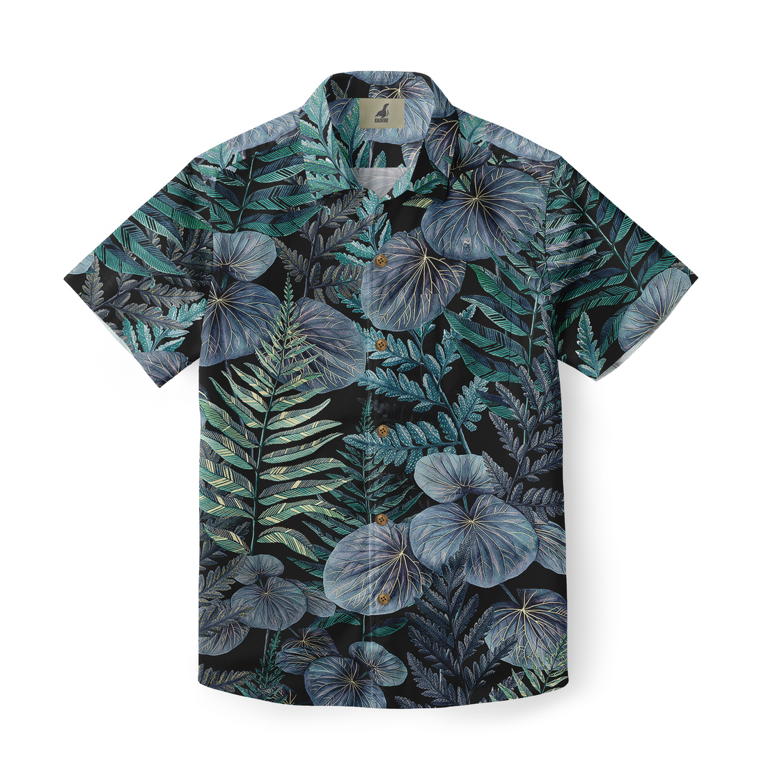 Black short-sleeve shirt with vibrant tropical leaf pattern in teal.