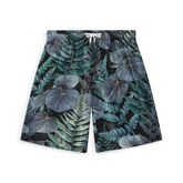 Shorts with a pattern of various tropical leaves in shades of blue and green on a dark background.