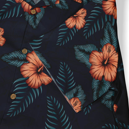Dark blue shirt with vibrant orange hibiscus flowers and teal leaves.