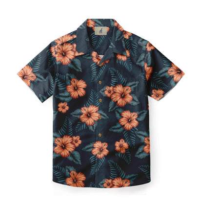 A Hawaiian shirt featuring a pattern of orange hibiscus flowers and green leaves on a dark background.