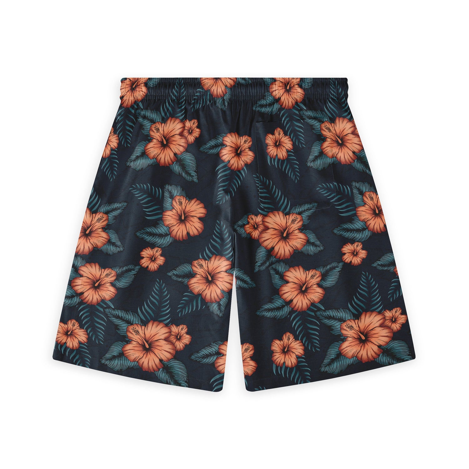 Shorts with an all-over pattern of orange hibiscus flowers and green leaves on a dark background.