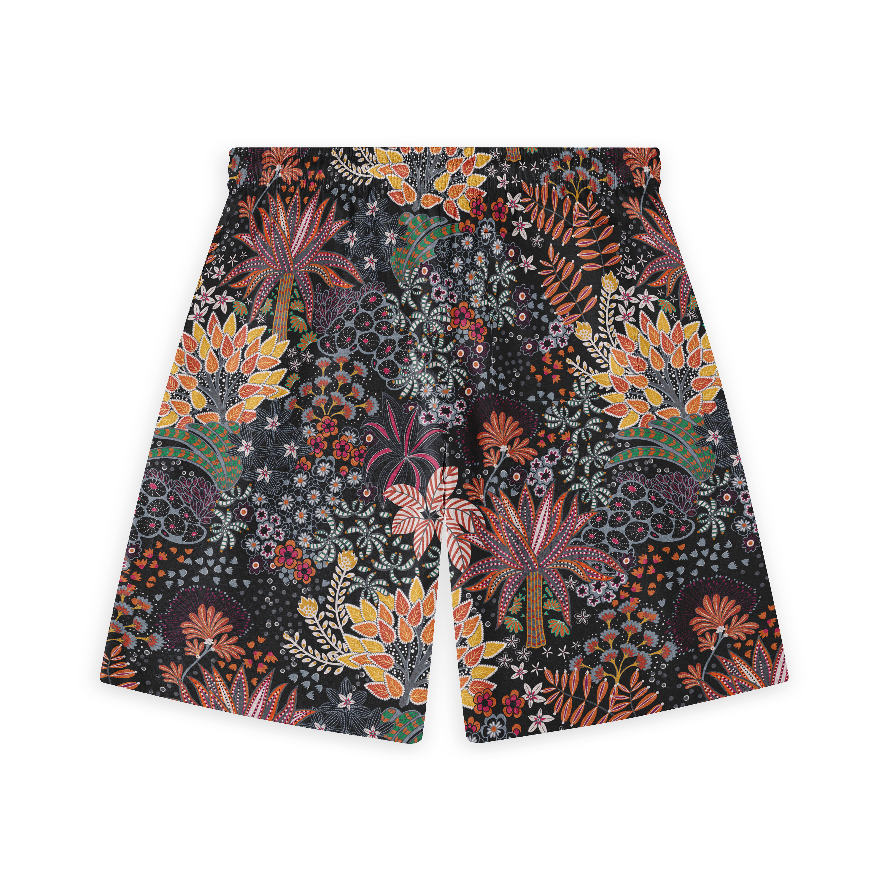 A pair of shorts with a vibrant and detailed floral pattern featuring a variety of flowers and leaves in rich colors like orange, red, yellow, and green on a dark background.