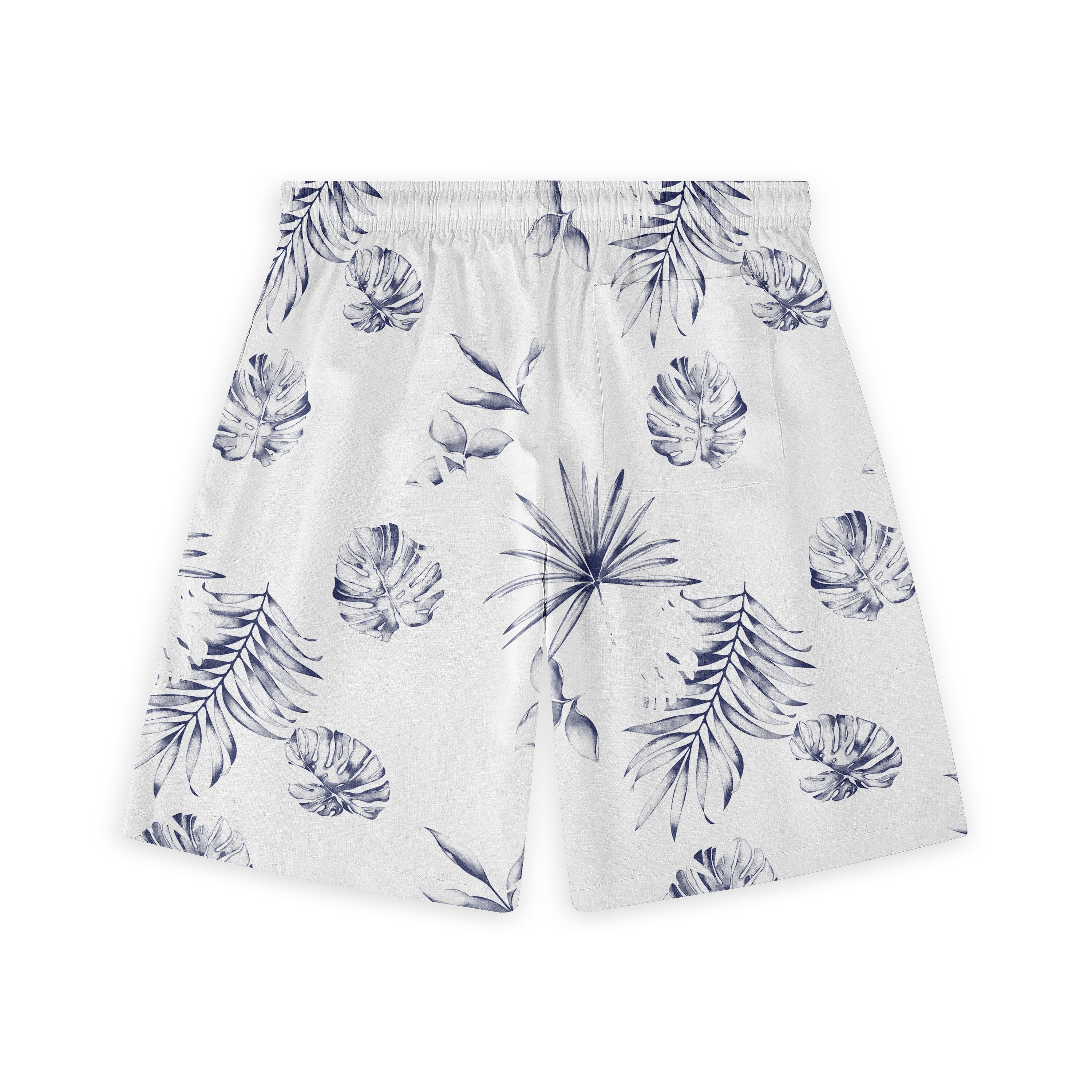 A pair of shorts with a soft, tropical leaf pattern in shades of blue, displayed on a white background.