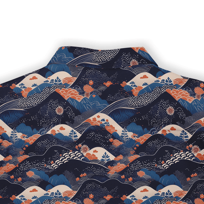 Shirt with serene mountain and river scenes in blue and white back view