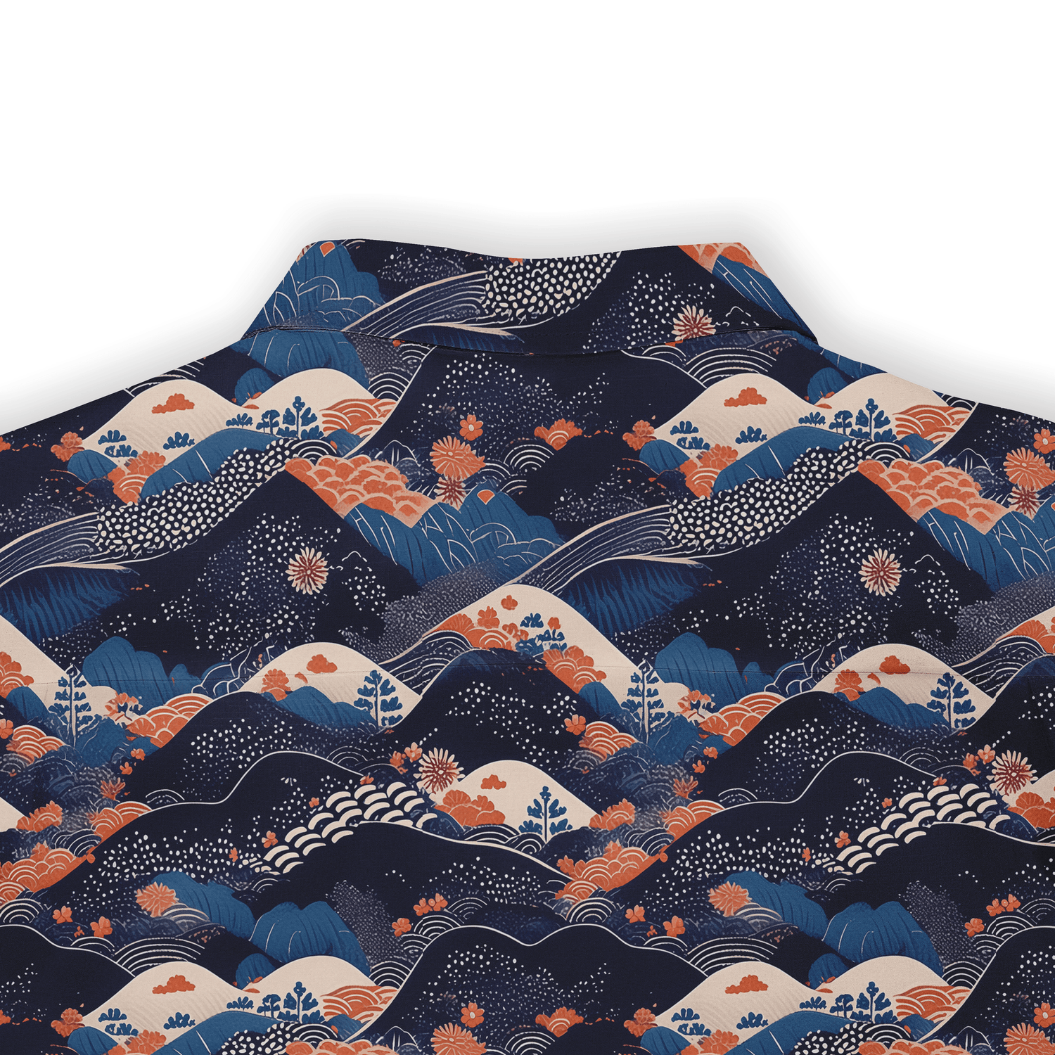 Dark blue fabric with orange and white floral wave patterns.