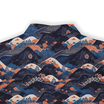 Dark blue fabric with orange and white floral wave patterns.