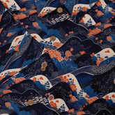 Dark blue fabric with orange waves, white dots, and floral patterns.