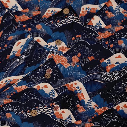 Dark blue fabric with orange waves, white dots, and floral patterns.