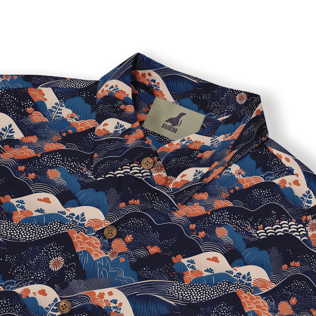 A navy blue shirt with a vibrant, traditional Japanese-inspired.