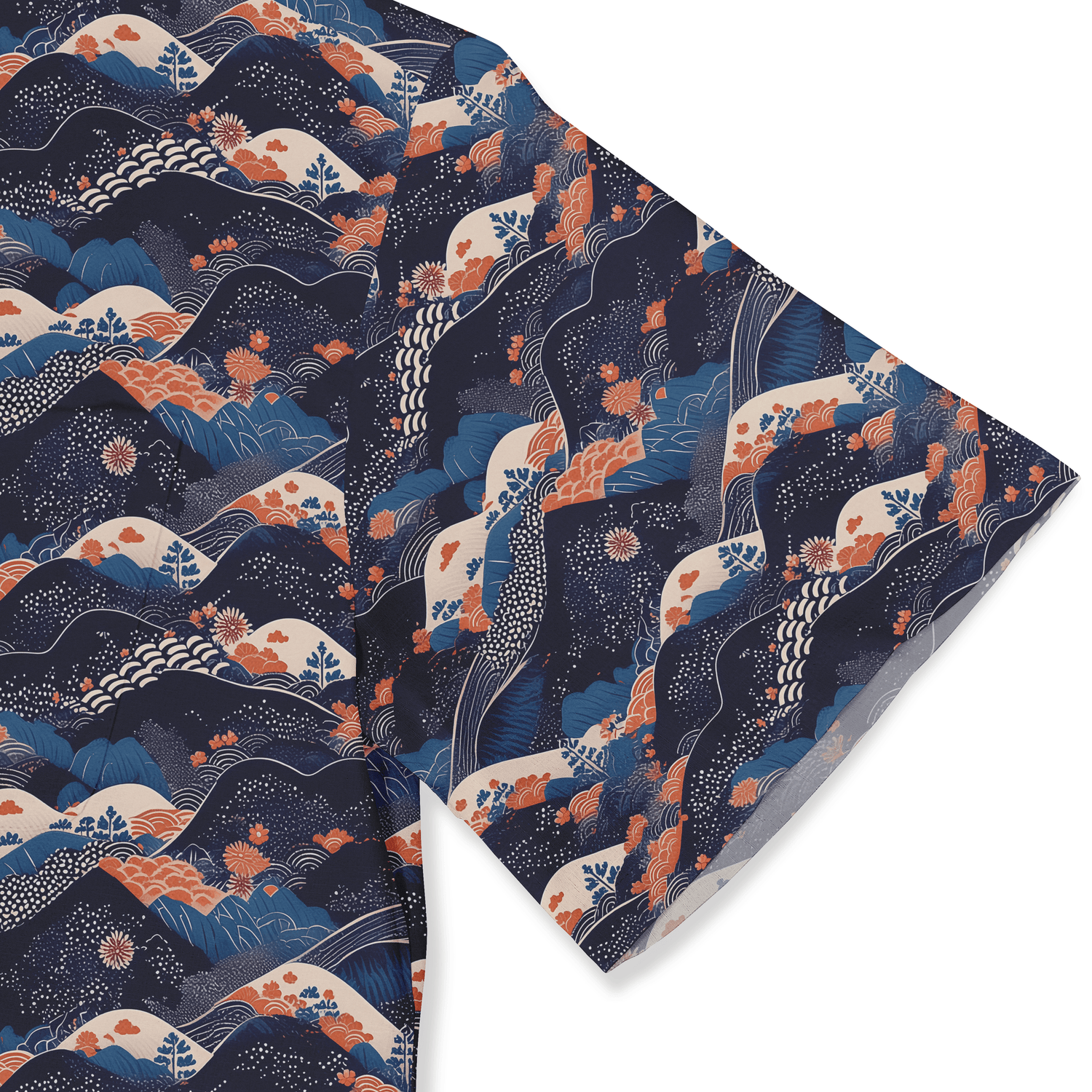 A navy blue fabric with a traditional Japanese wave and floral.