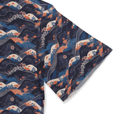 A navy blue fabric with a traditional Japanese wave and floral.