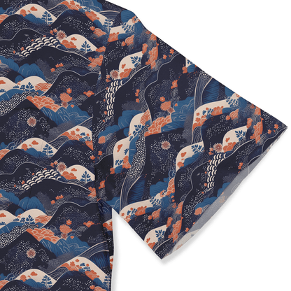 A navy blue fabric with a traditional Japanese wave and floral.