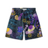 A pair of shorts with a vibrant design featuring marine life elements, such as an octopus, jellyfish, seaweed, and starfish, in purple, yellow, and blue hues against a dark background.