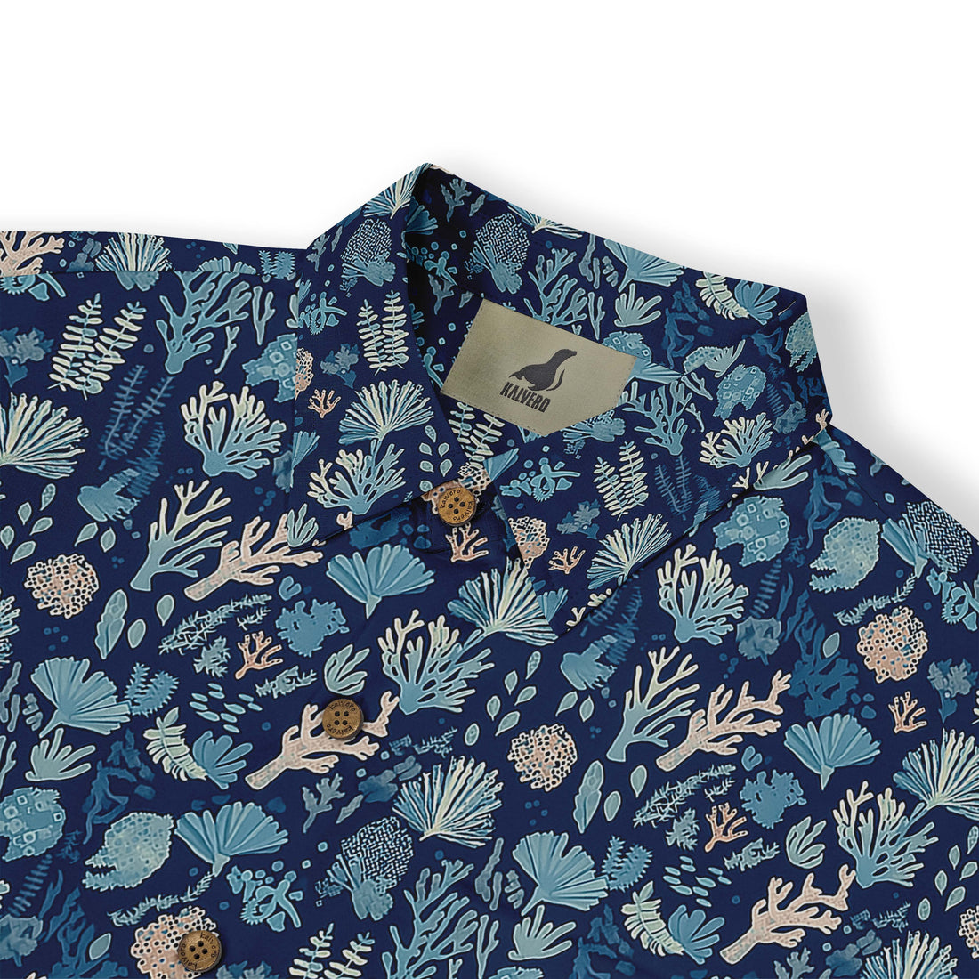 Blue shirt with coral and sea life print, button-up design.