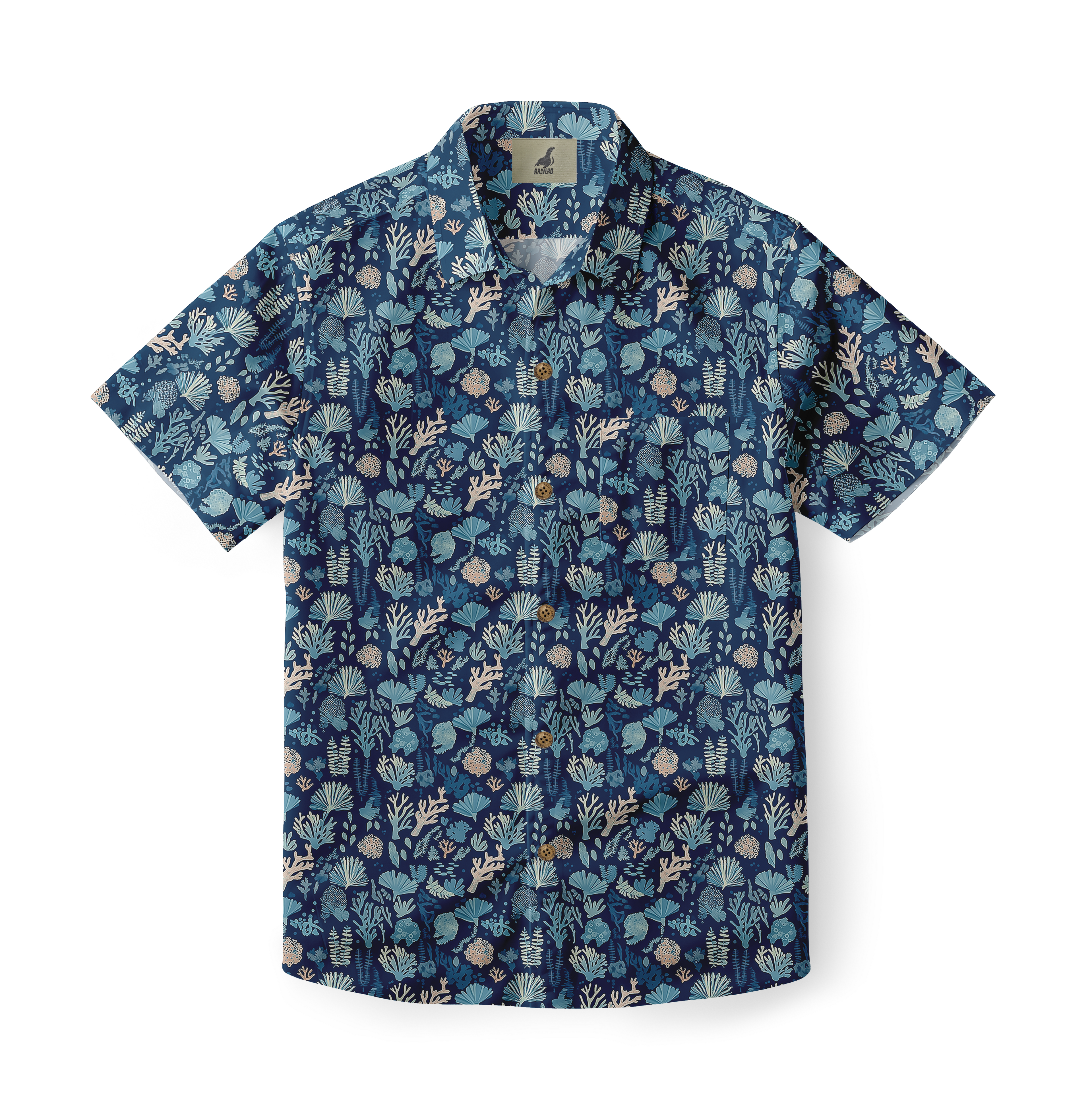 Deep blue shirt with delicate coral and seaweed illustrations depicting a nighttime ocean scene.