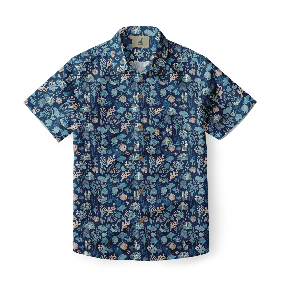 Blue short-sleeve shirt with coral and sea life print.