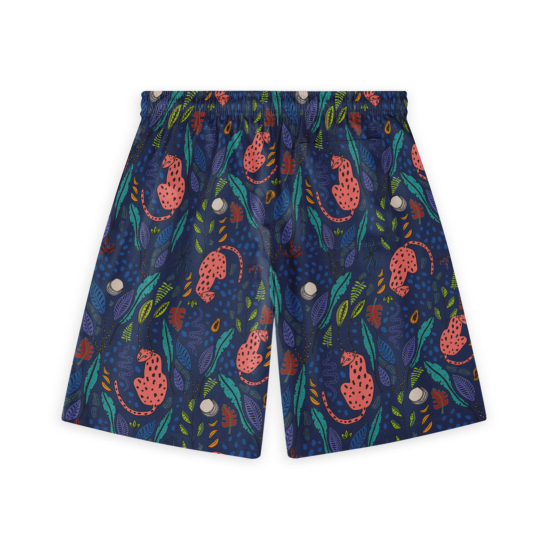 These shorts feature a deep blue background with pink leopards, colorful leaves, and abstract elements, creating a vibrant tropical jungle vibe.