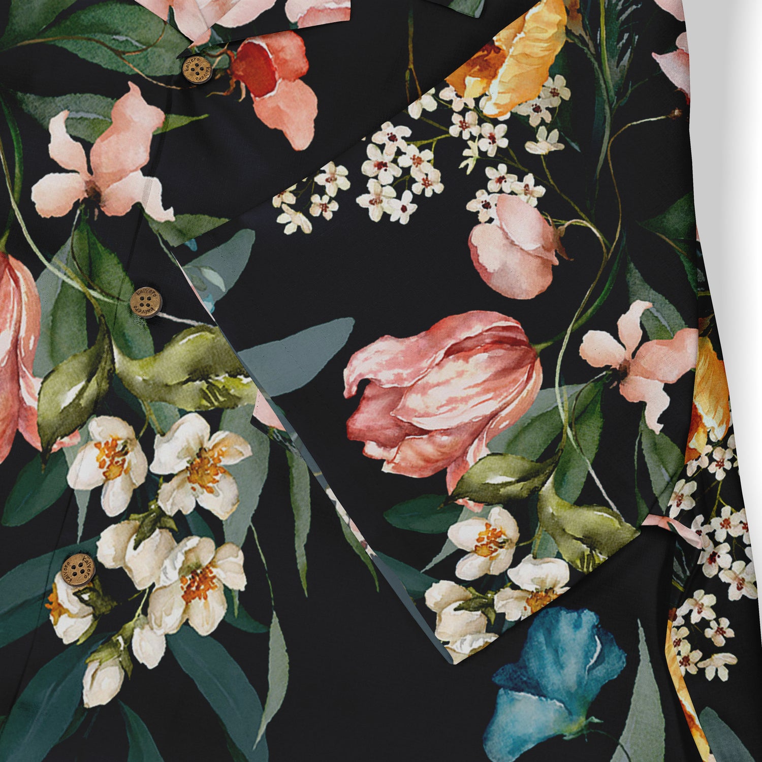 Elegant floral pattern on black fabric with pink and white flowers, green leaves, and wooden buttons.