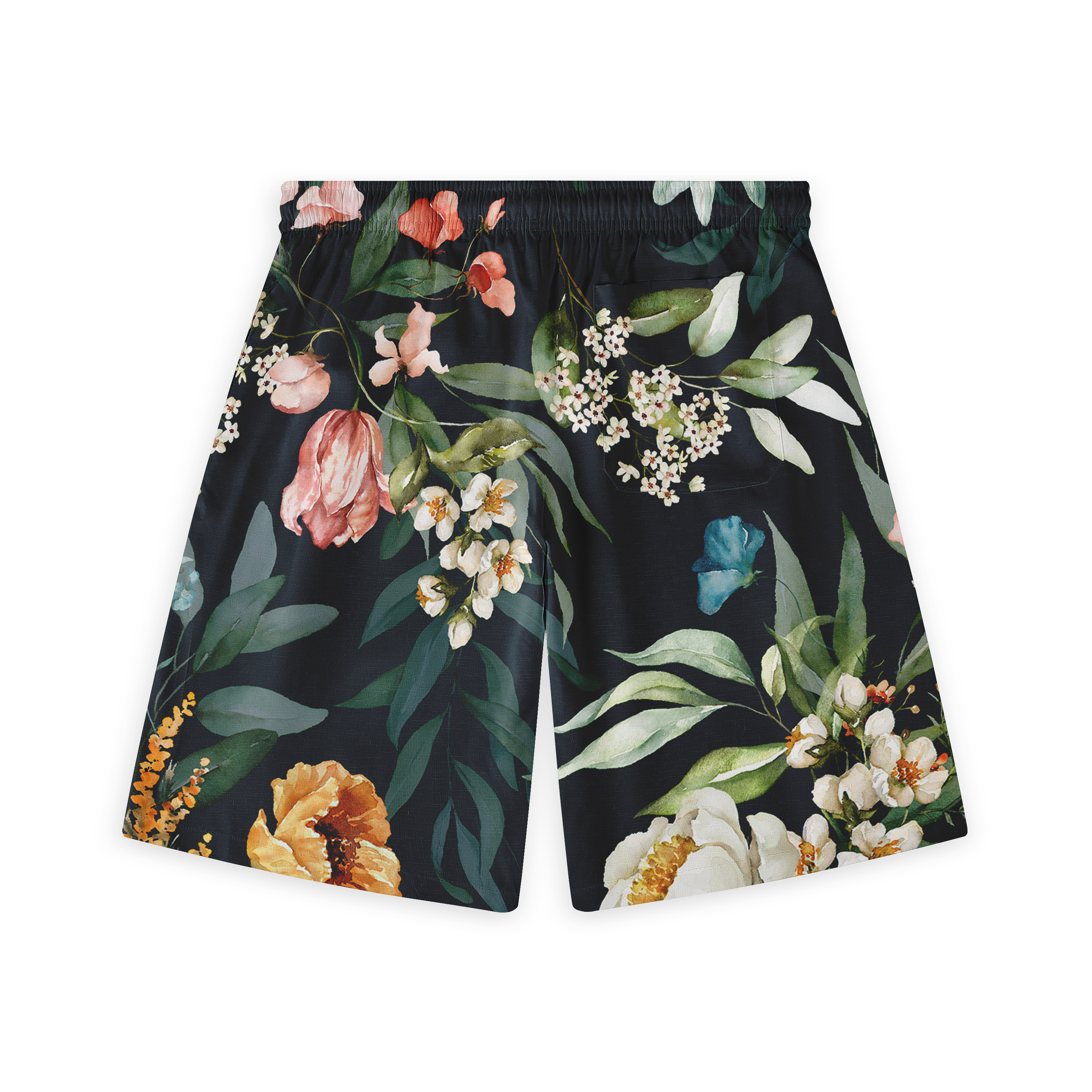 Back view of floral shorts with a black background, featuring various colorful flowers and green leaves.