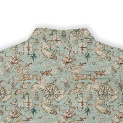 Map-patterned shirt with ancient nautical elements and detailed illustrations of sea creatures back view