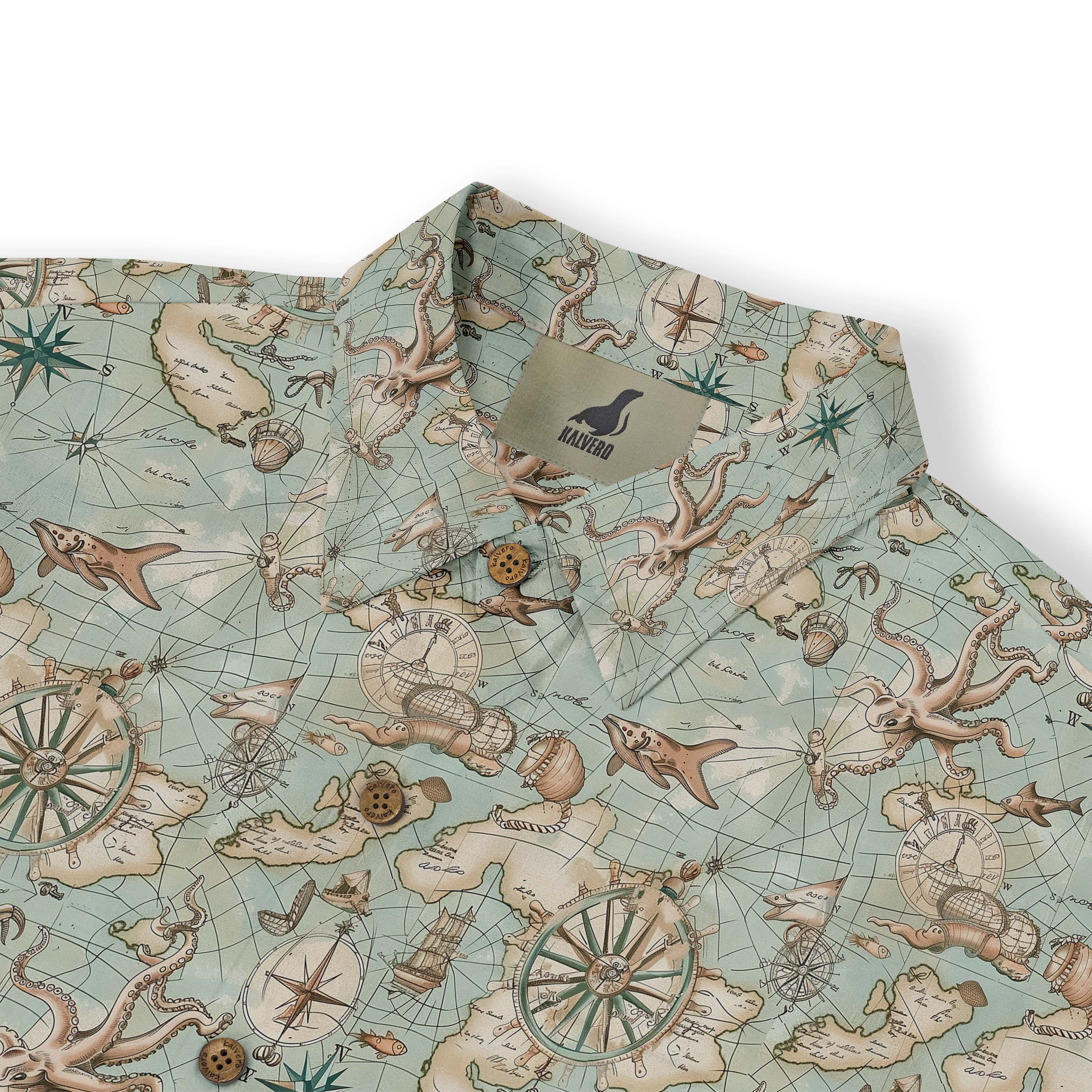 Map-themed shirt with octopuses, ships, compasses.