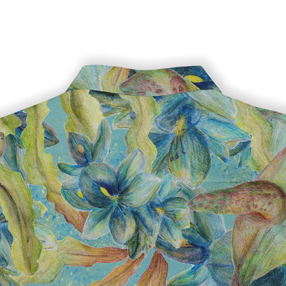 Close-up of a shirt collar with a colorful design featuring blue flowers and green leaves, highlighting the intricate details of the pattern.