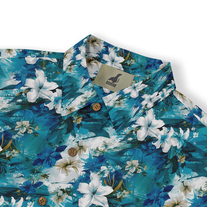 Blue shirt with white flowers and green leaves, evoking an oceanic landscape front view