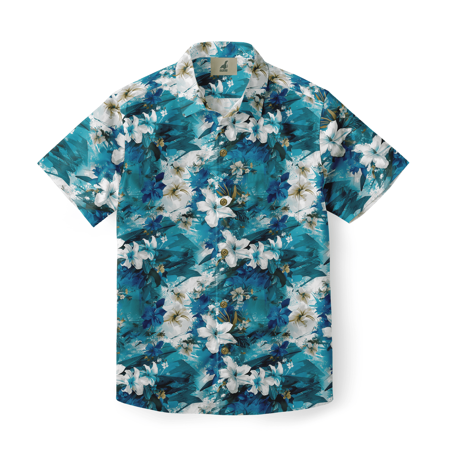 Blue shirt with white flowers and green leaves, evoking an oceanic landscape.