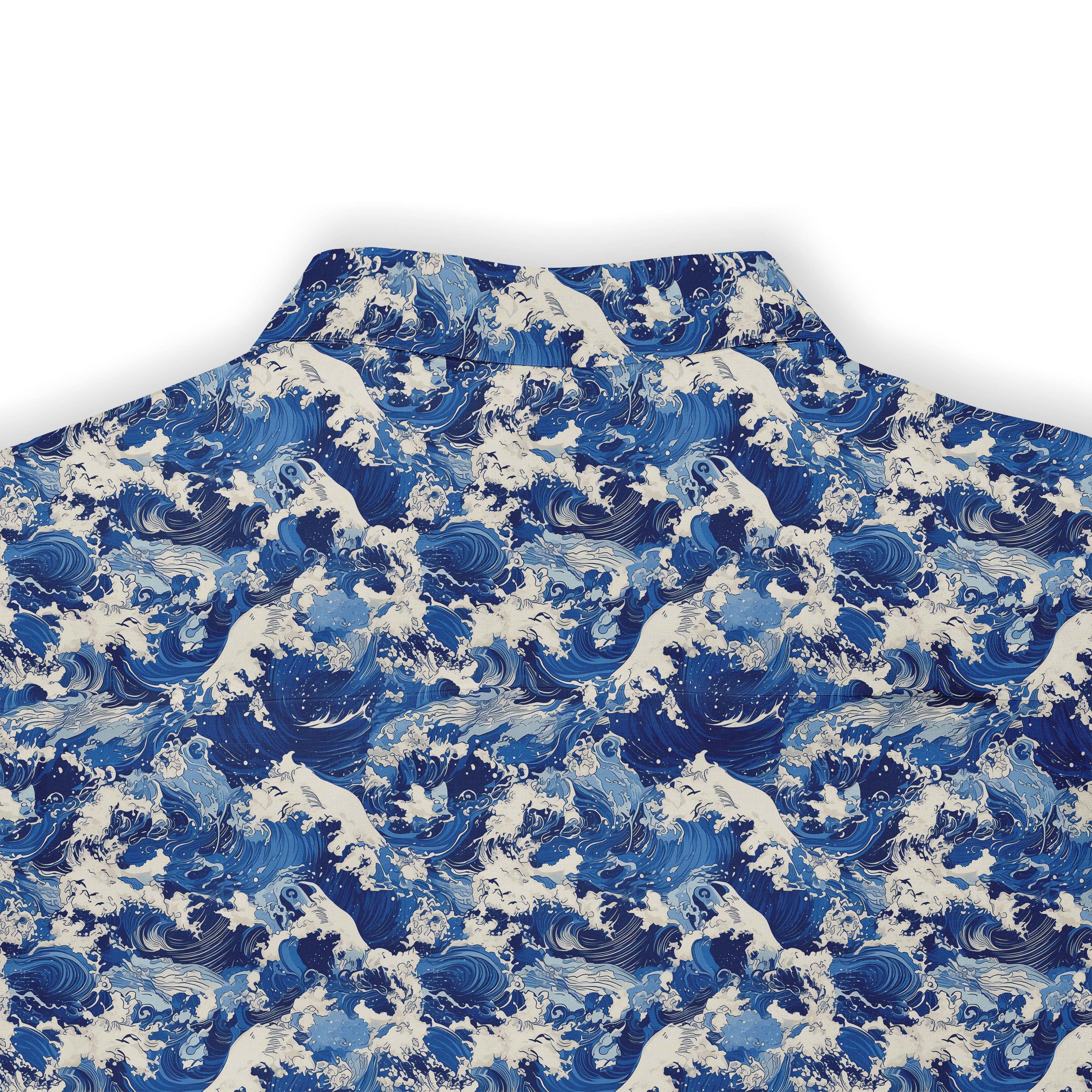 Shirt with a design featuring dynamic ocean waves and leaping dolphins in deep blue and white hues inspired by traditional Japanese wave art back view