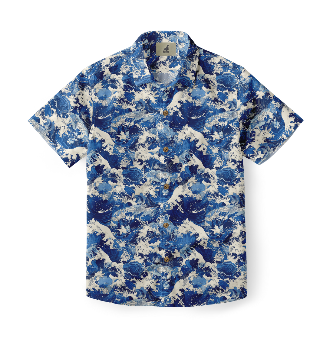 Blue and white wave pattern short-sleeve button-up shirt.