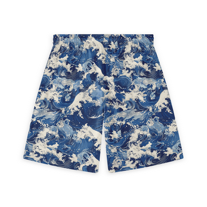 Short with a design featuring dynamic ocean waves and leaping dolphins in deep blue and white hues inspired by traditional Japanese wave art.