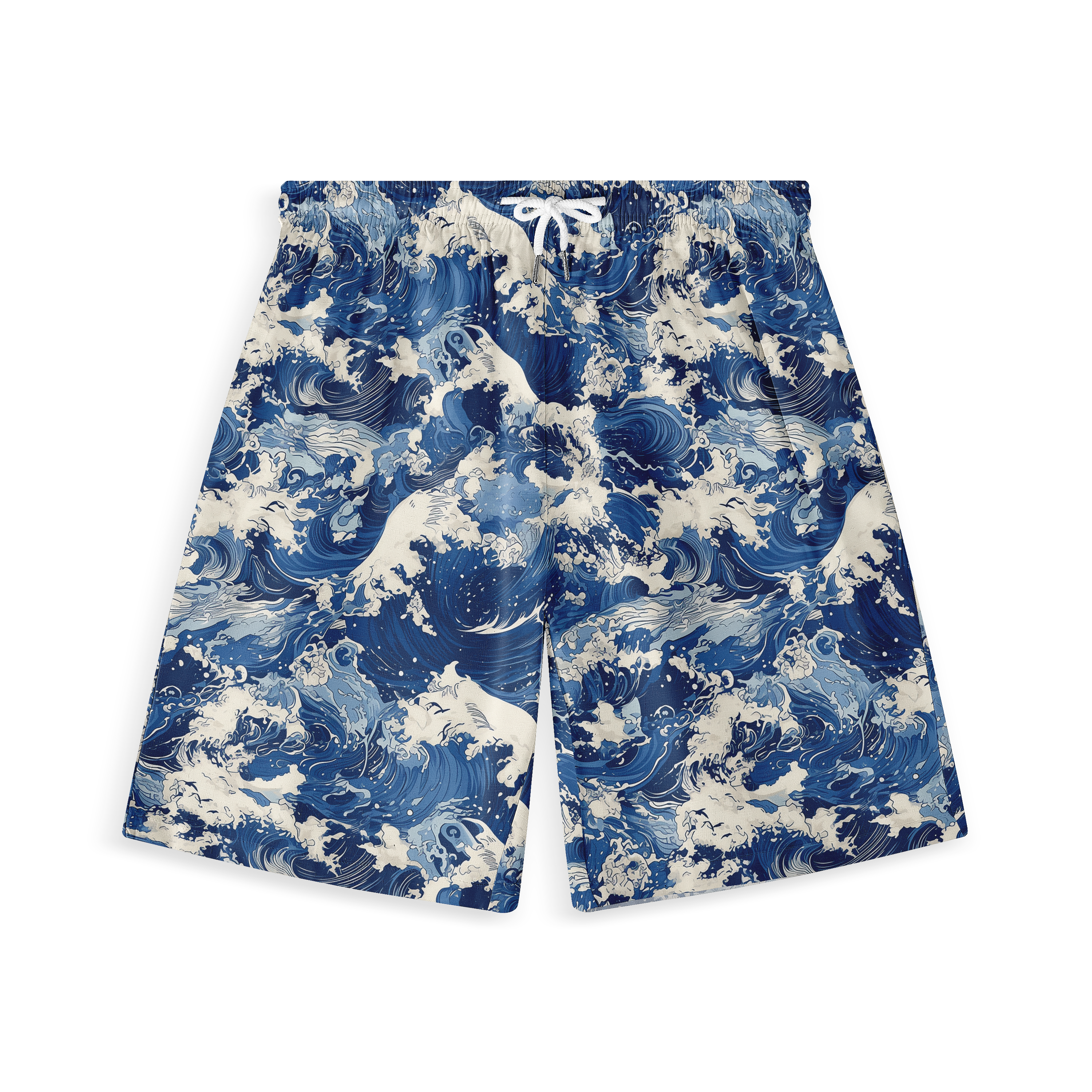 Short with a design featuring dynamic ocean waves and leaping dolphins in deep blue and white hues inspired by traditional Japanese wave art.