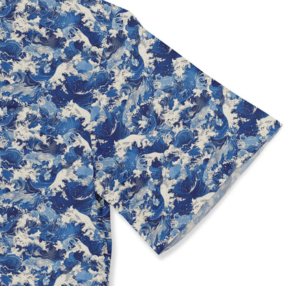 Blue wave pattern fabric, folded corner, white background.
