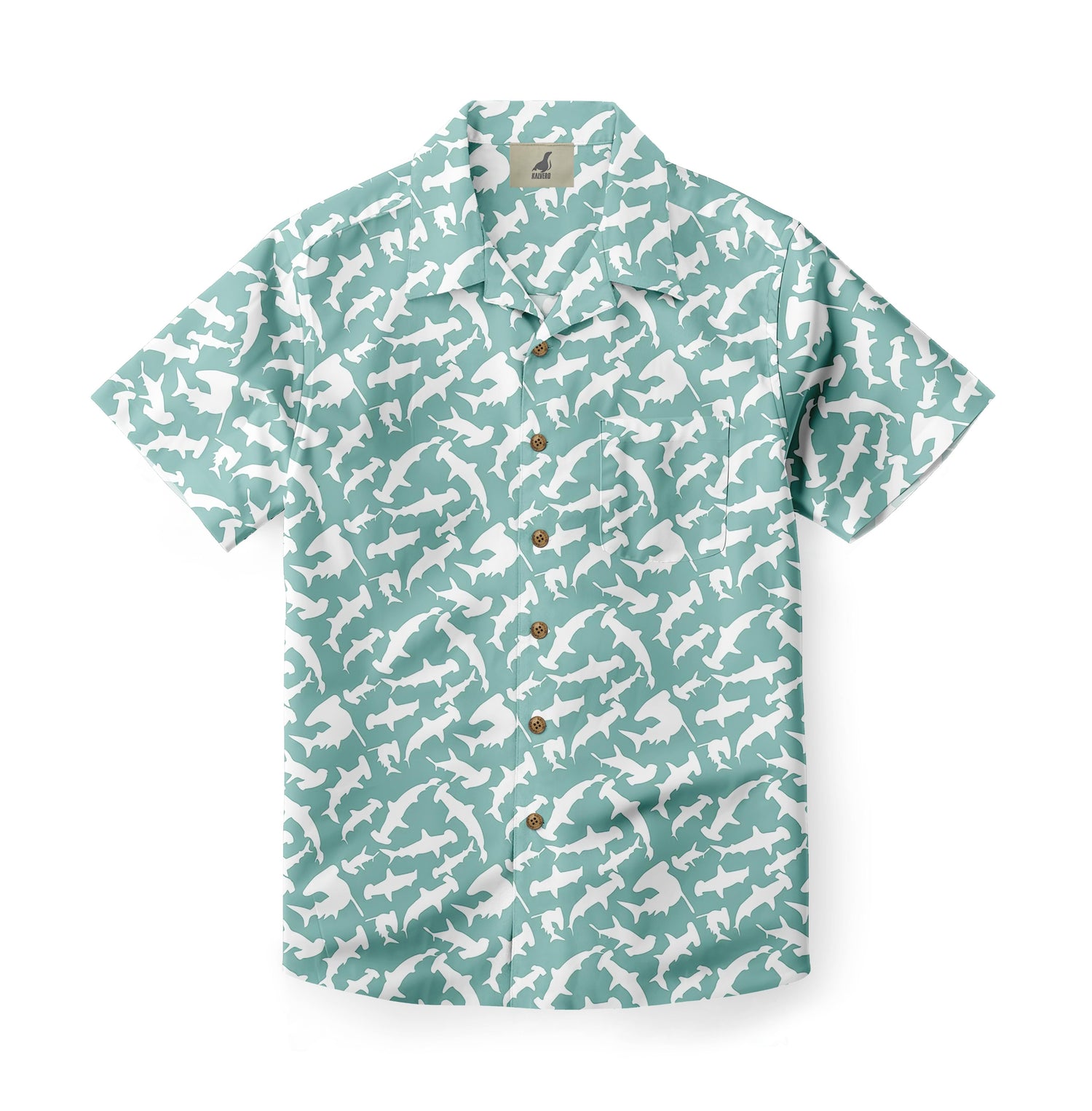Teal shirt with white shark print, button-up design.