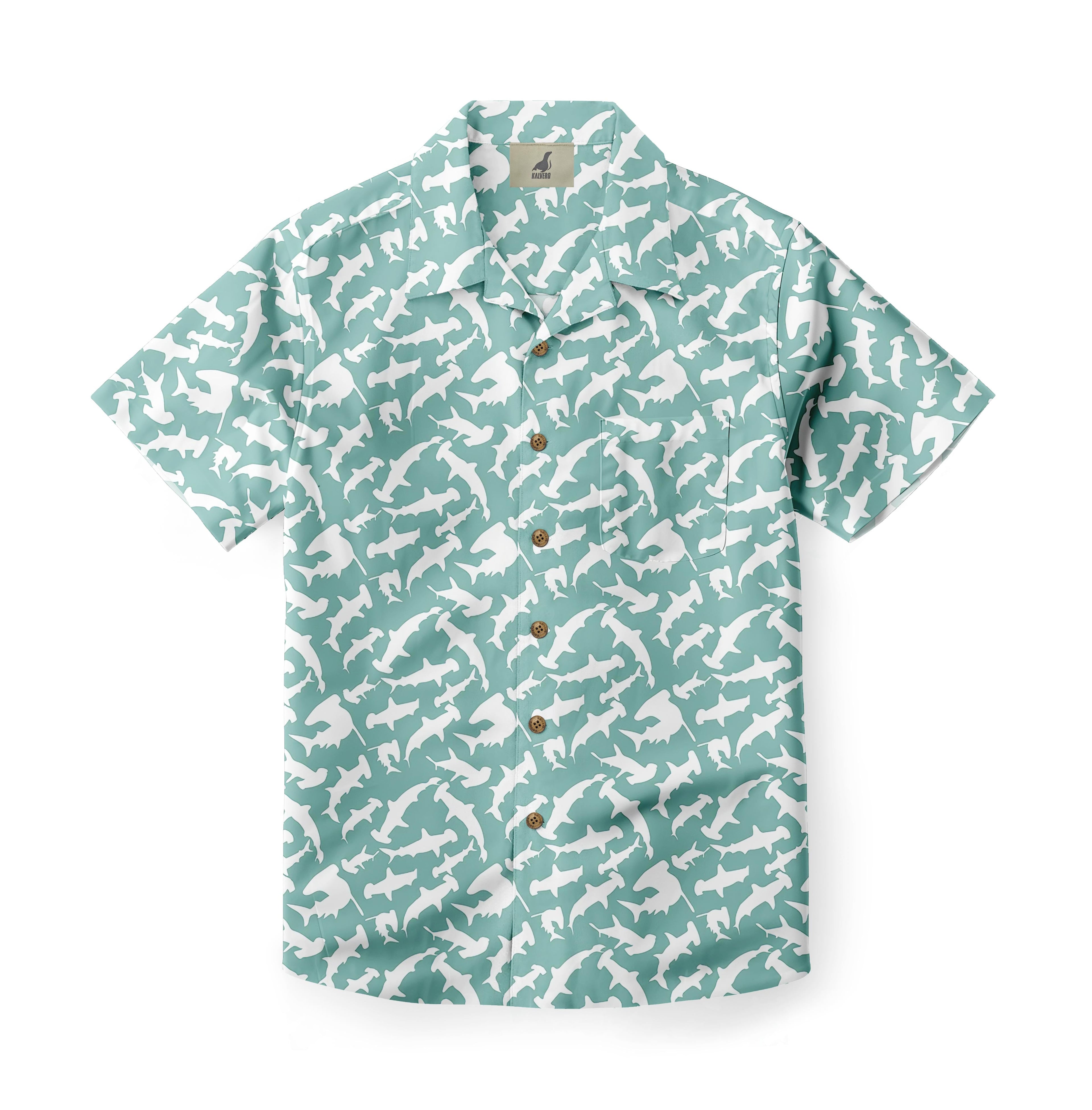 Teal shirt with white shark print, button-up design.