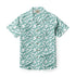 Teal shirt with white shark print, button-up design.