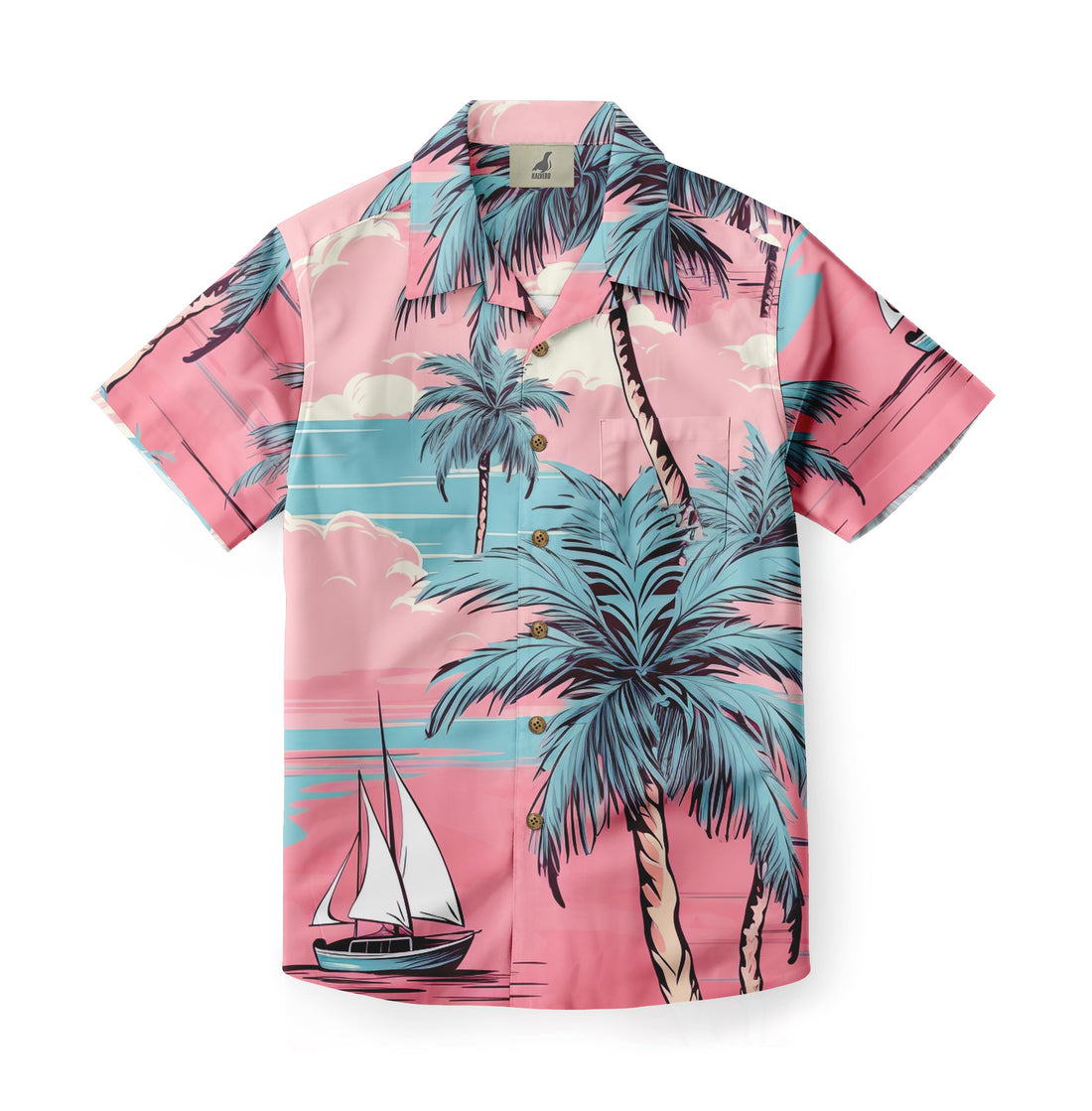 Pink Hawaiian shirt with palm trees and sailboat design.
