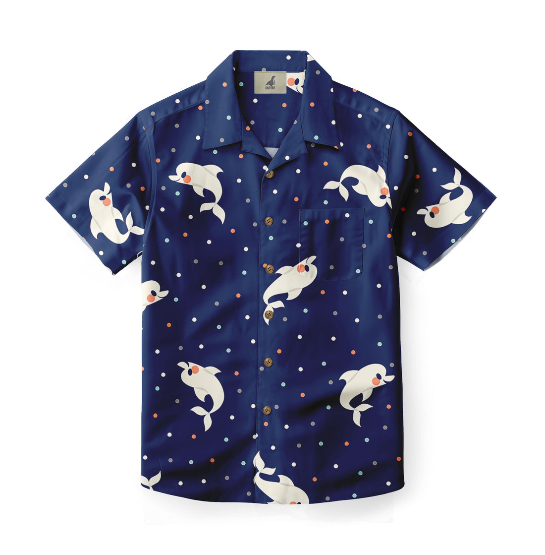 Blue shirt with white dolphins and colorful dots pattern.