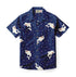 Blue shirt with white dolphins and colorful dots pattern.