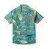 Teal short-sleeve shirt with colorful fish and geometric patterns.