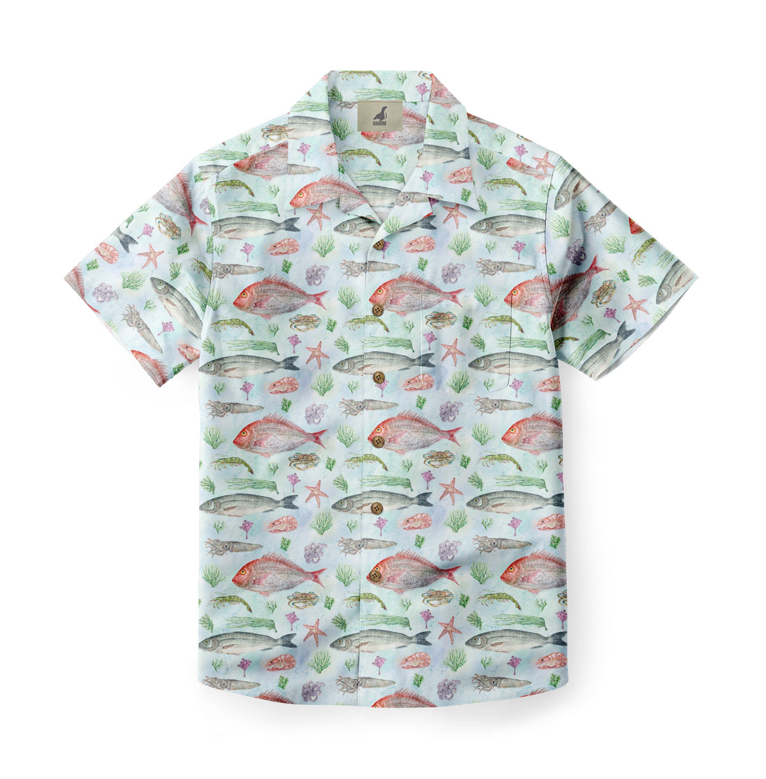 Light blue shirt with colorful fish and sea life print.